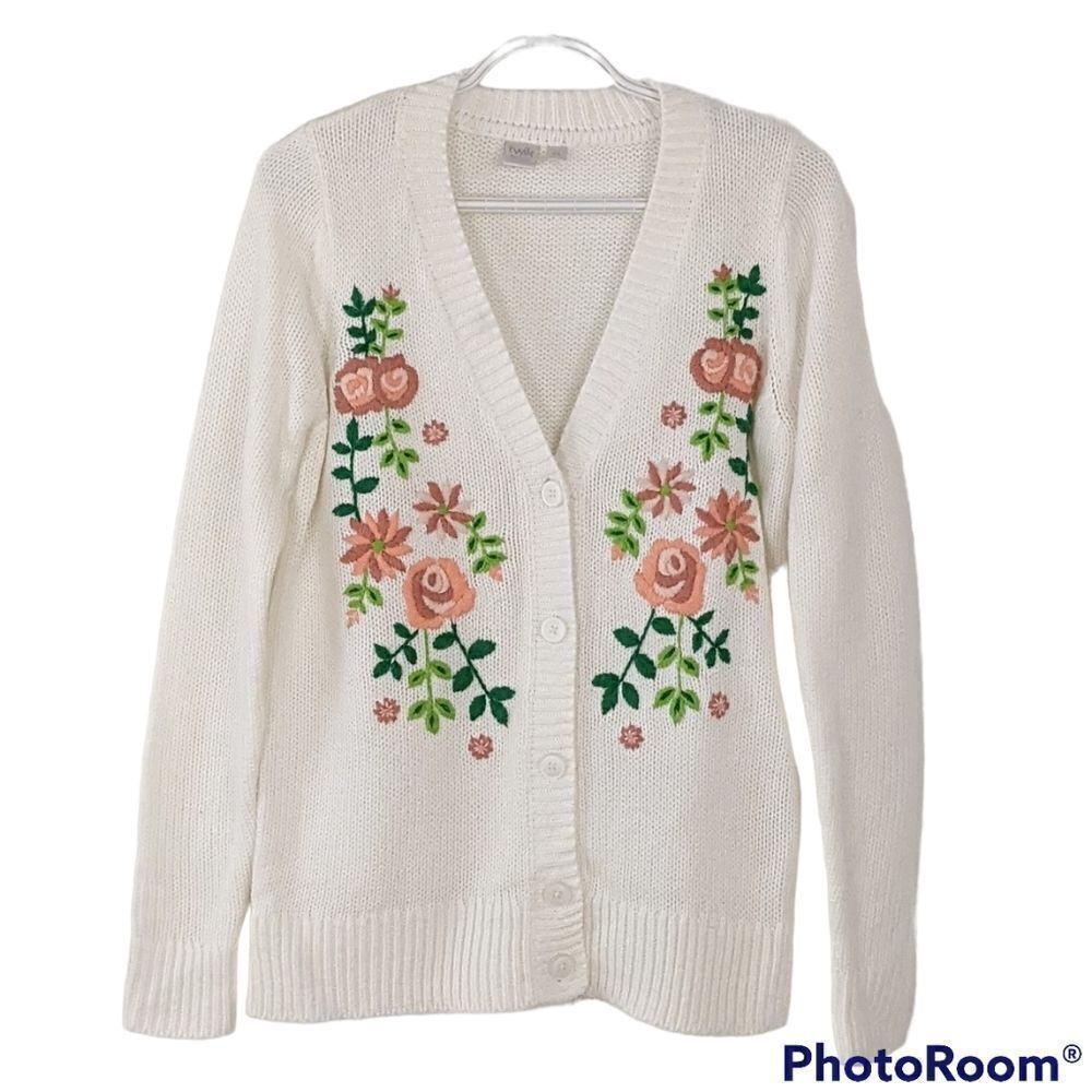 Twik beige button front knit cardigan floral embroidery size Small @B6